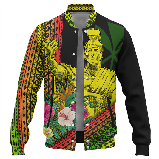 Hawaii Baseball Jacket King Kamekameha Tropical Flowers Hawaii Polynesian
