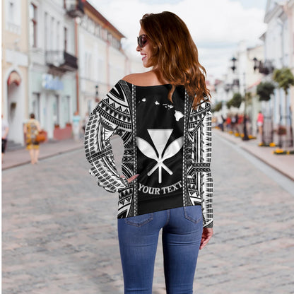 Hawaii Custom Personalised Off Shoulder Sweatshirt King Kamekameha Black and White Polynesian