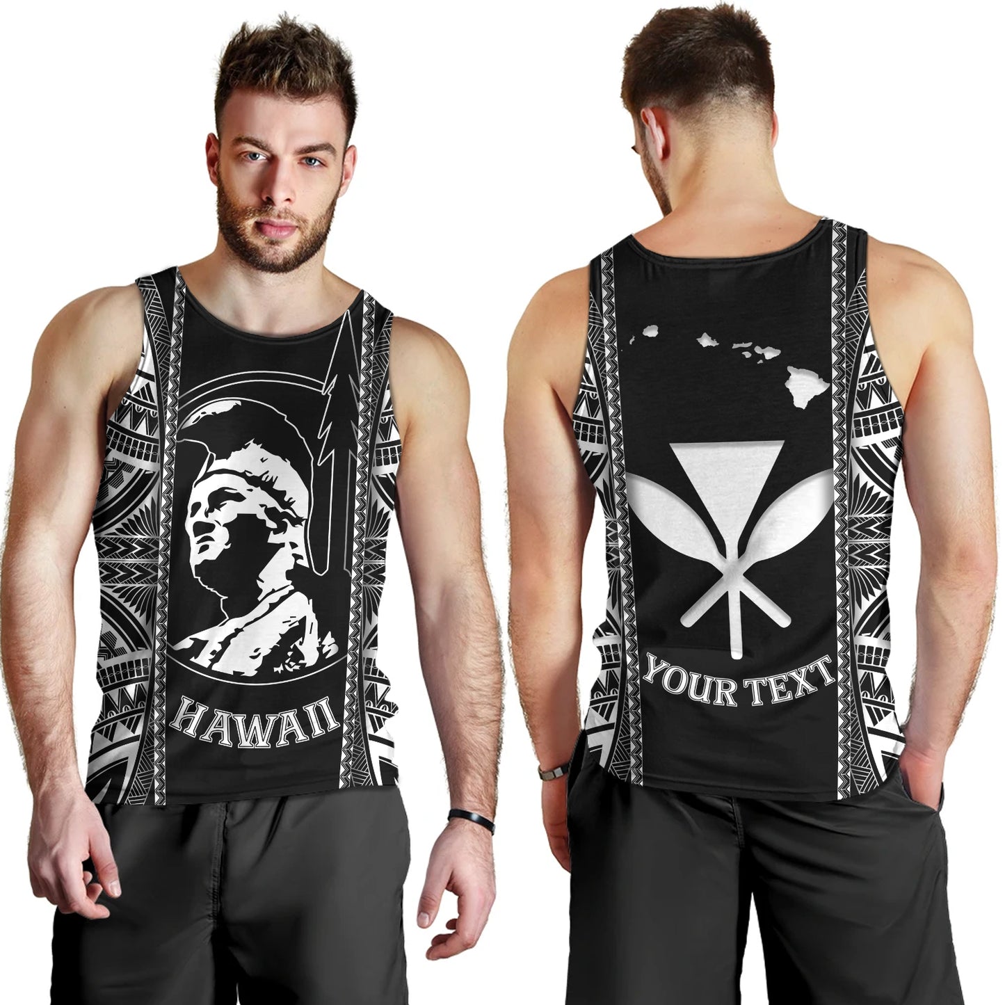 Hawaii Custom Personalised Tank Top King Kamekameha Black and White Polynesian