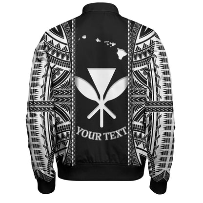 Hawaii Custom Personalised Bomber Jacket King Kamekameha Black and White Polynesian