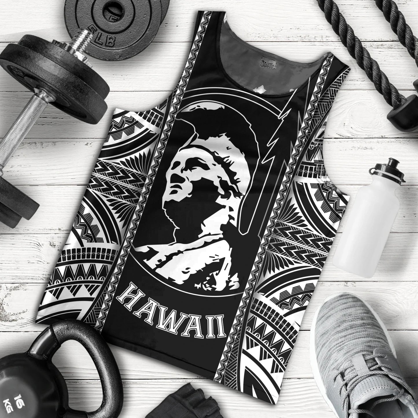 Hawaii Custom Personalised Tank Top King Kamekameha Black and White Polynesian