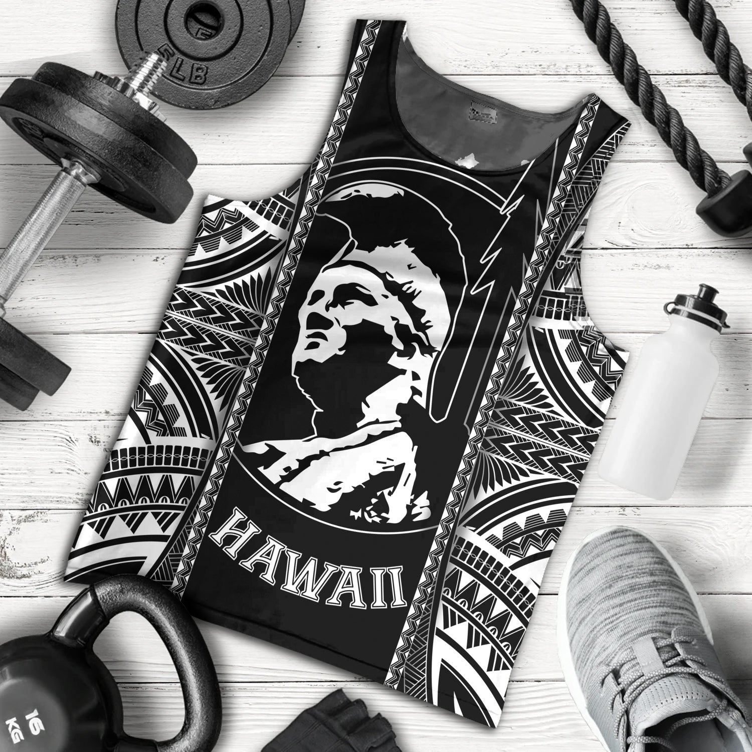 Hawaii Custom Personalised Tank Top King Kamekameha Black and White Polynesian