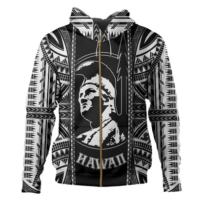 Hawaii Custom Personalised Hoodie King Kamekameha Black and White Polynesian