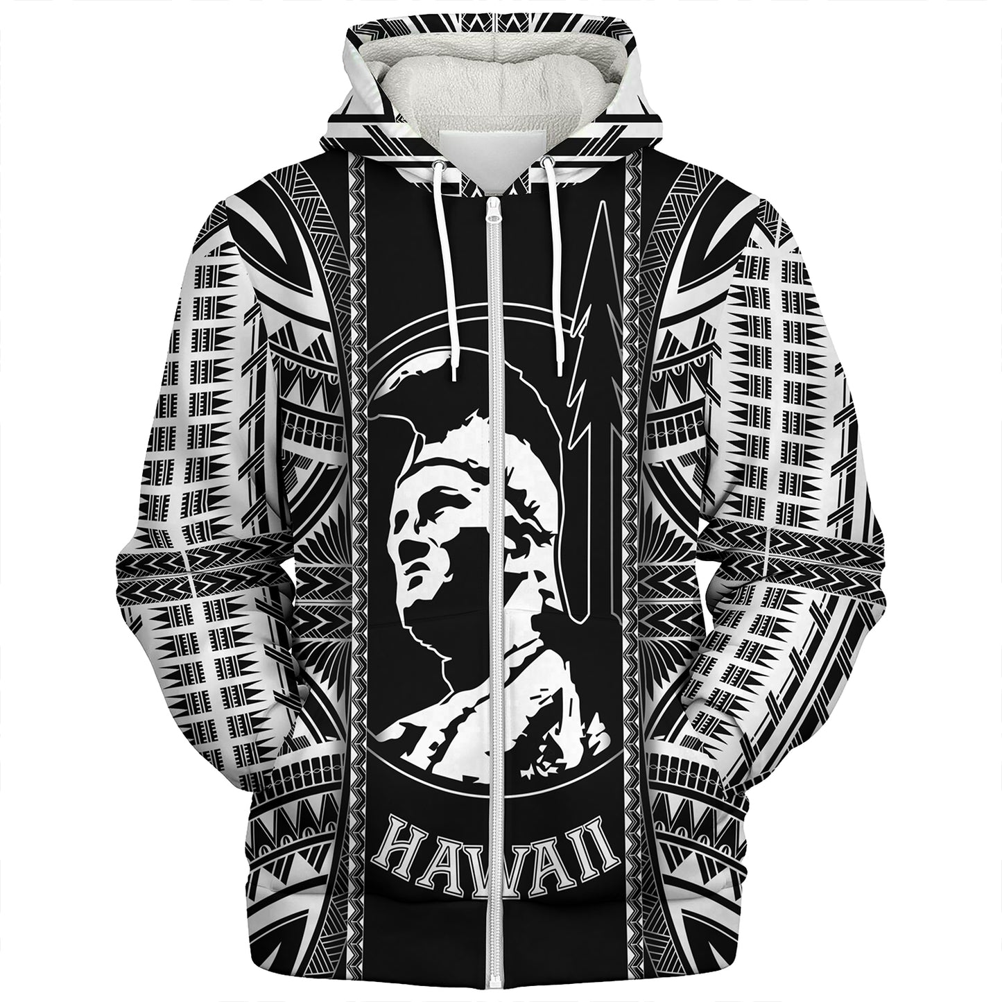 Hawaii Custom Personalised Sherpa Hoodie King Kamekameha Black and White Polynesian