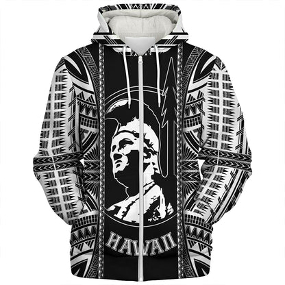 Hawaii Custom Personalised Sherpa Hoodie King Kamekameha Black and White Polynesian
