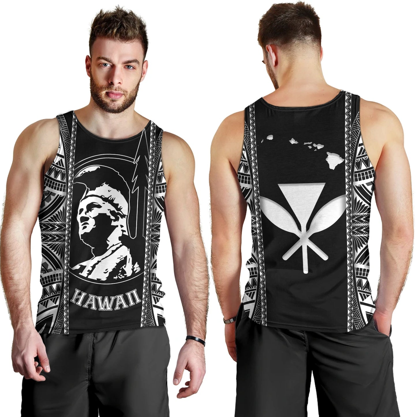 Hawaii Custom Personalised Tank Top King Kamekameha Black and White Polynesian