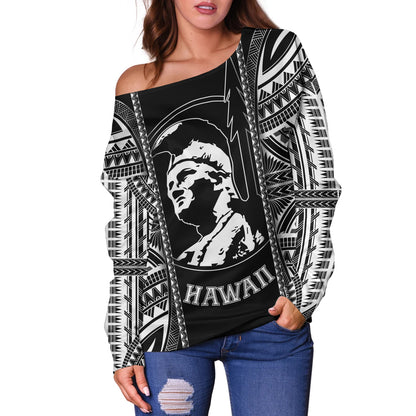 Hawaii Custom Personalised Off Shoulder Sweatshirt King Kamekameha Black and White Polynesian