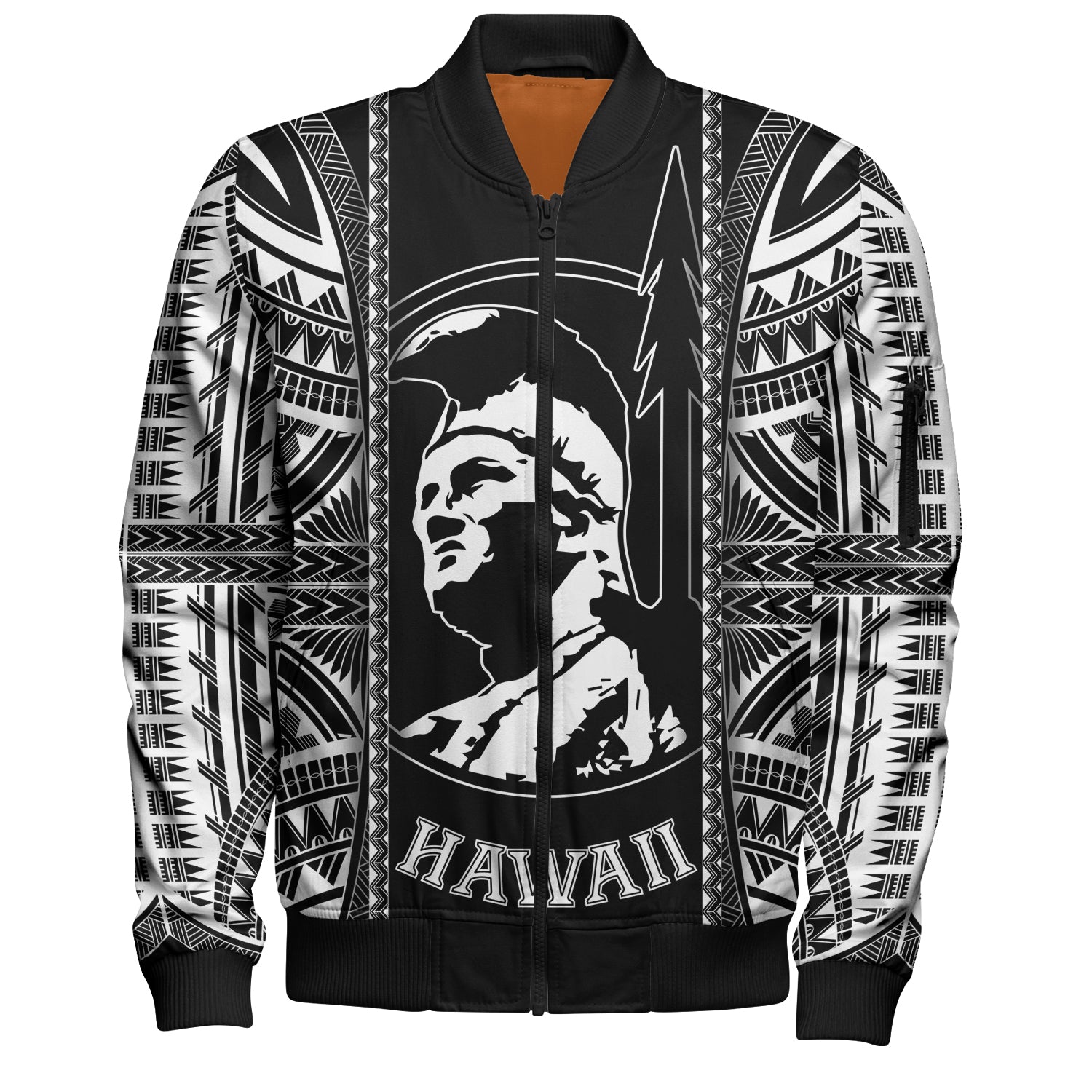 Hawaii Custom Personalised Bomber Jacket King Kamekameha Black and White Polynesian