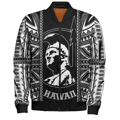 Hawaii Custom Personalised Bomber Jacket King Kamekameha Black and White Polynesian
