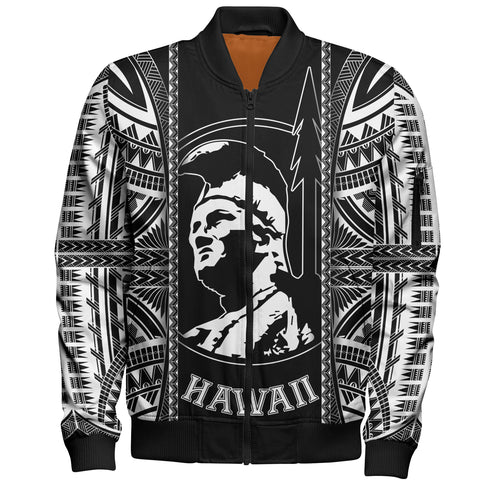 Hawaii Custom Personalised Bomber Jacket King Kamekameha Black and White Polynesian