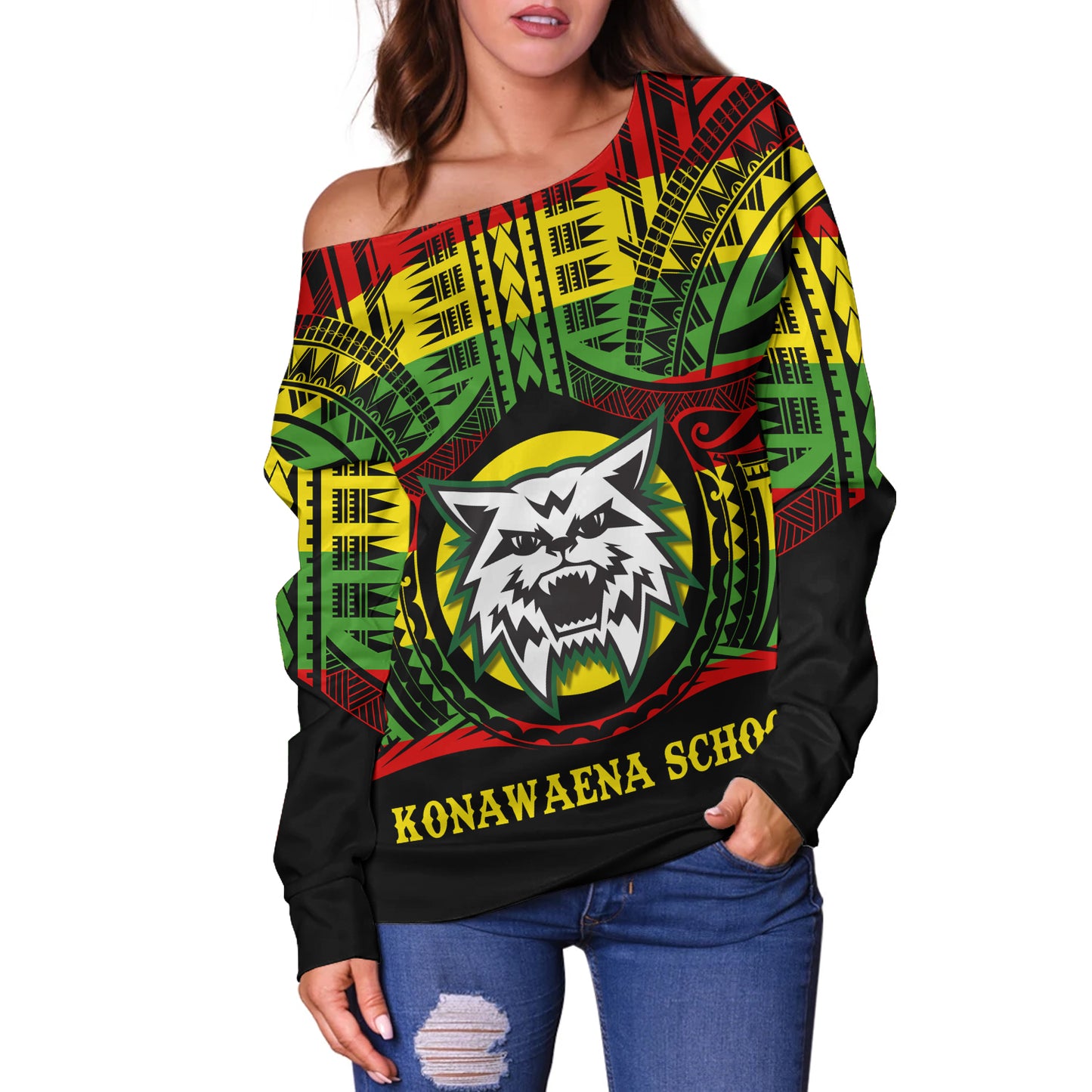 Hawaii Off Shoulder Sweatshirt Konawaena High School Reggae Color Polynesian
