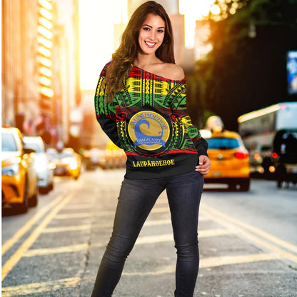 Hawaii Off Shoulder Sweatshirt LaupÄhoehoe Community Public Charter School Reggae Color Polynesian