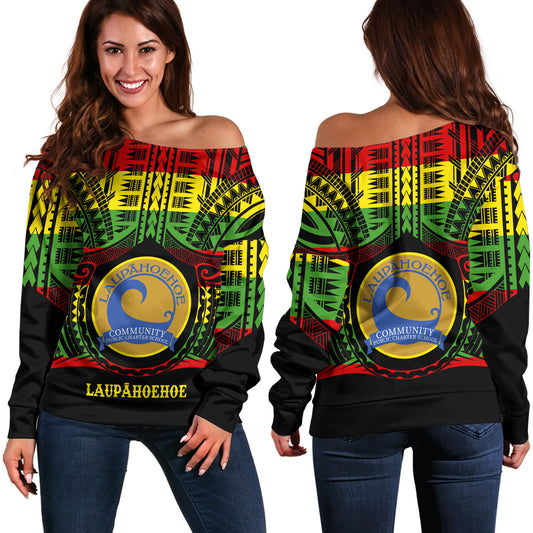 Hawaii Off Shoulder Sweatshirt LaupÄhoehoe Community Public Charter School Reggae Color Polynesian