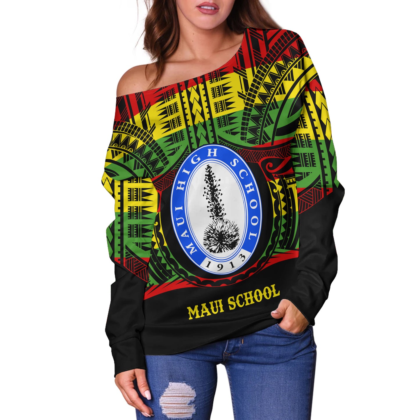 Hawaii Off Shoulder Sweatshirt Maui High School Reggae Color Polynesian