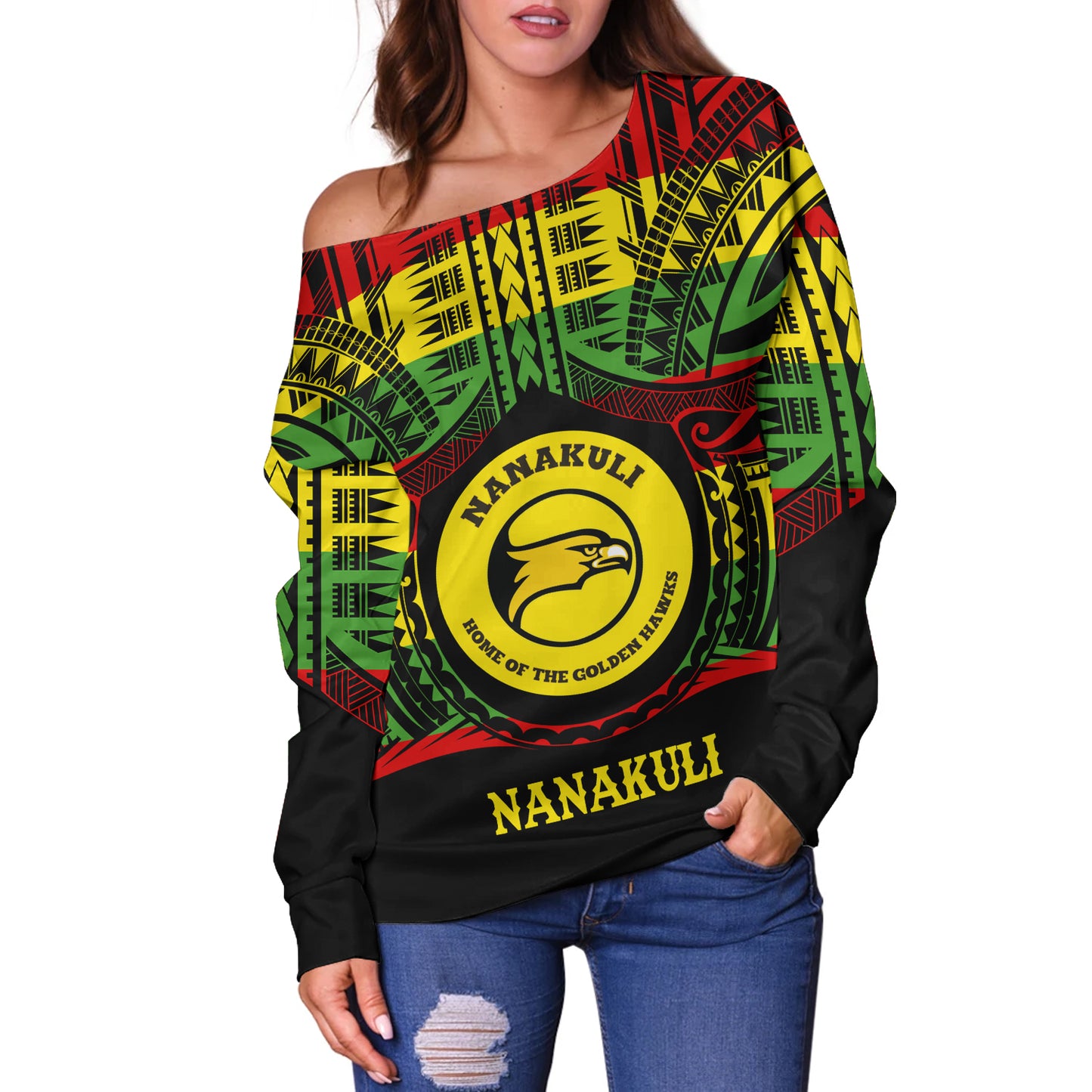 Hawaii Off Shoulder Sweatshirt Nanakuli High and Intermediate School Reggae Color Polynesian