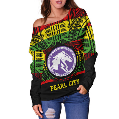 Hawaii Off Shoulder Sweatshirt Pearl City High School Reggae Color Polynesian