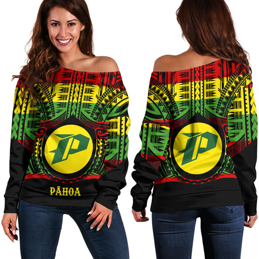 Hawaii Off Shoulder Sweatshirt PÄhoa High & Intermediate Shool Reggae Color Polynesian