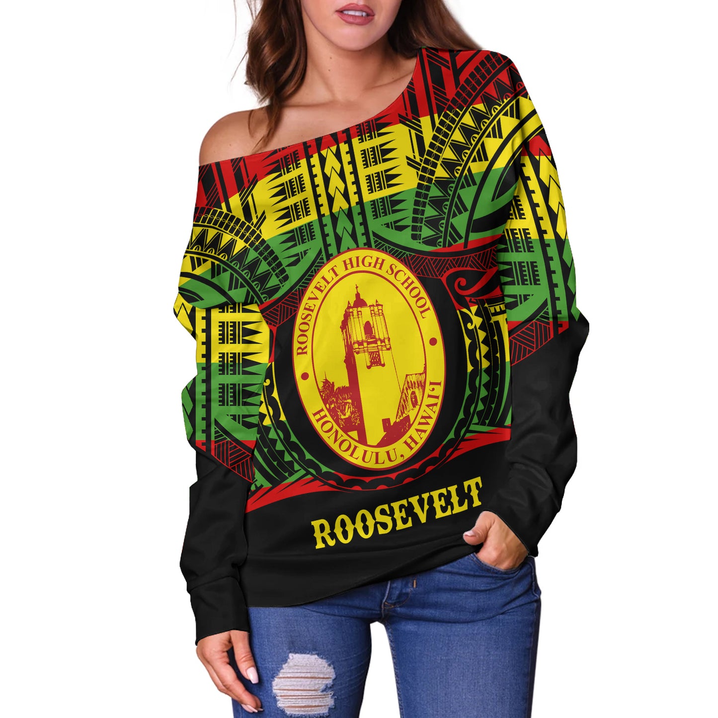 Hawaii Off Shoulder Sweatshirt President Theodore Roosevelt High School Reggae Color Polynesian