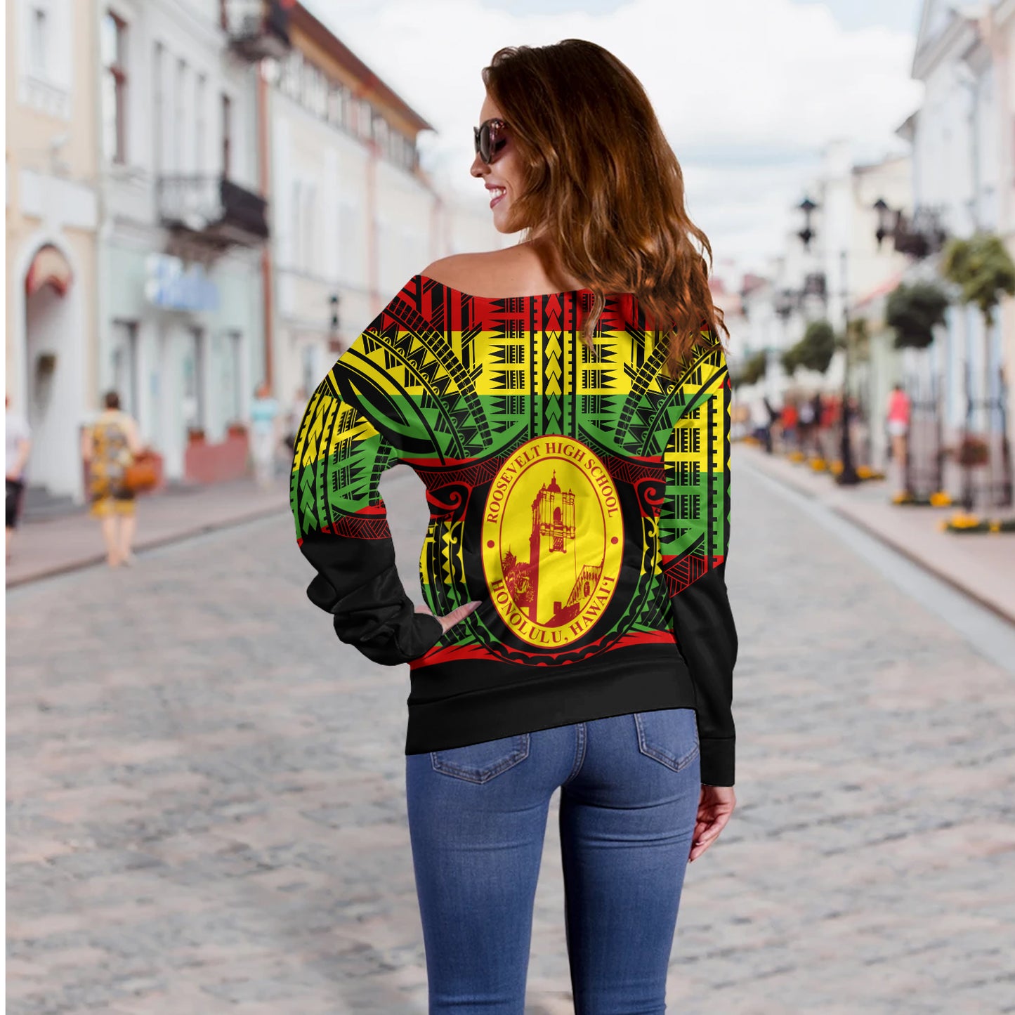 Hawaii Off Shoulder Sweatshirt President Theodore Roosevelt High School Reggae Color Polynesian