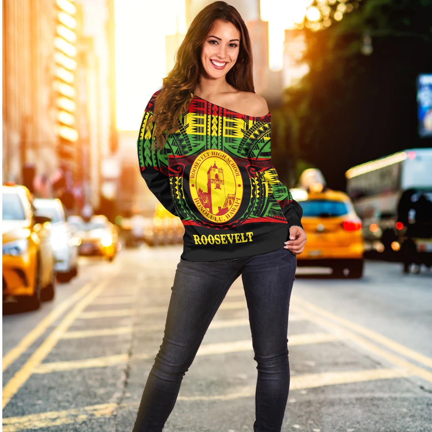 Hawaii Off Shoulder Sweatshirt President Theodore Roosevelt High School Reggae Color Polynesian