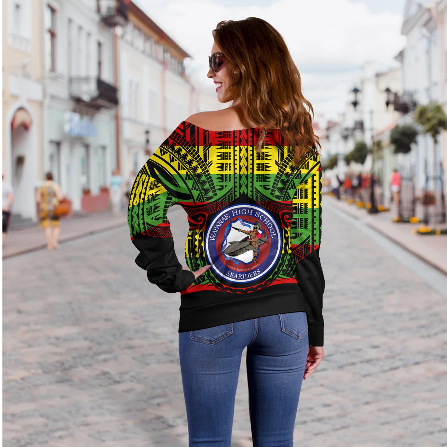 Hawaii Off Shoulder Sweatshirt Waianae High School Reggae Color Polynesian