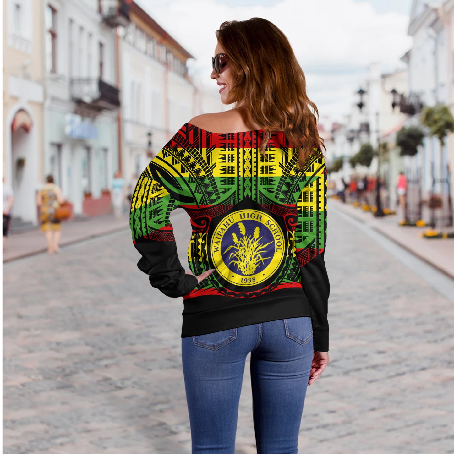 Hawaii Off Shoulder Sweatshirt Waipahu High School Reggae Color Polynesian