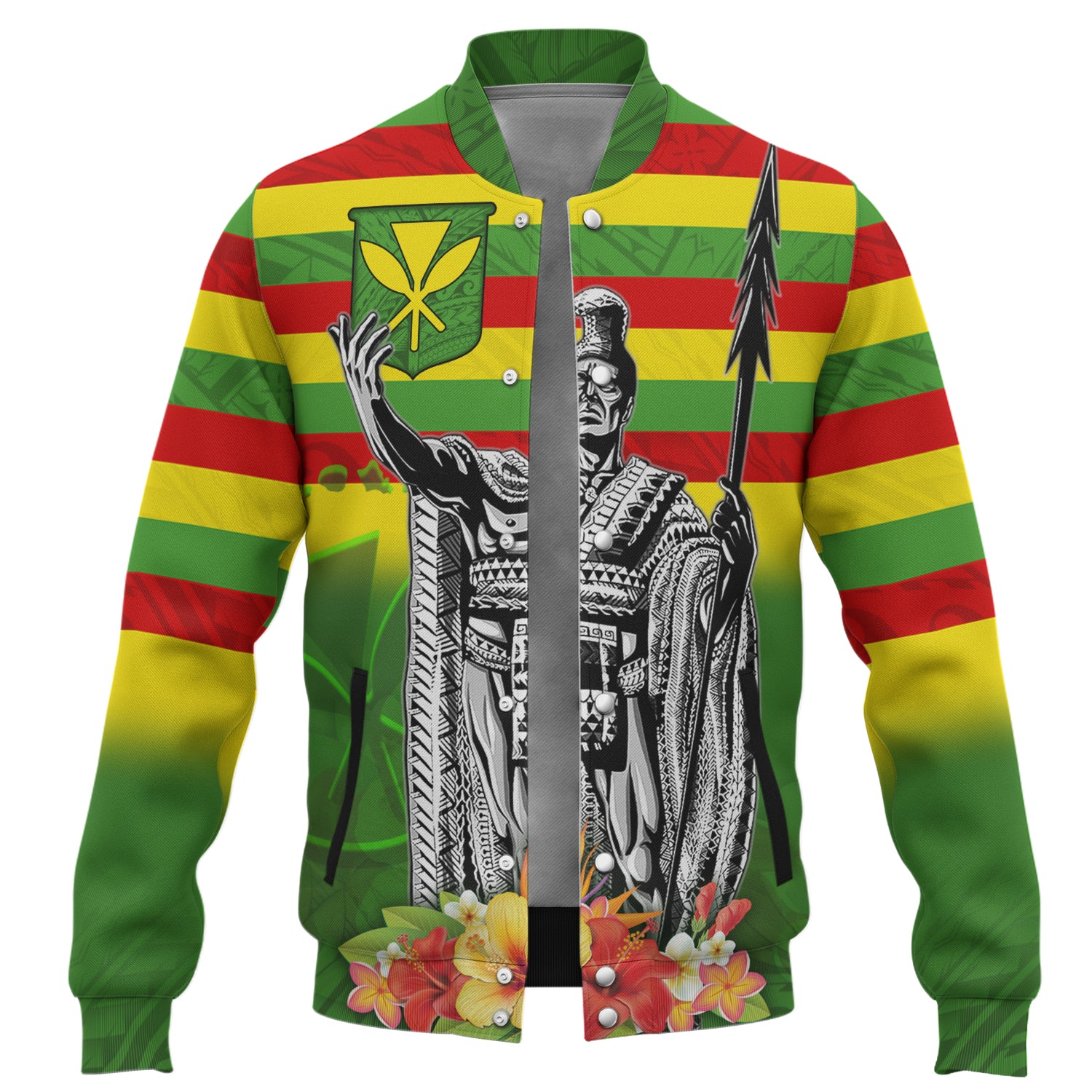 Hawaii Baseball Jacket Hawaii King With Flag Color With Traditional Patterns