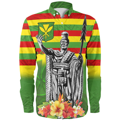 Hawaii Long Sleeve Shirt Hawaii King With Flag Color With Traditional Patterns
