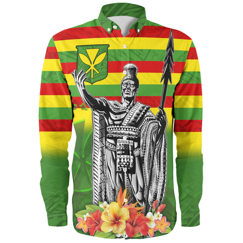 Hawaii Long Sleeve Shirt Hawaii King With Flag Color With Traditional Patterns