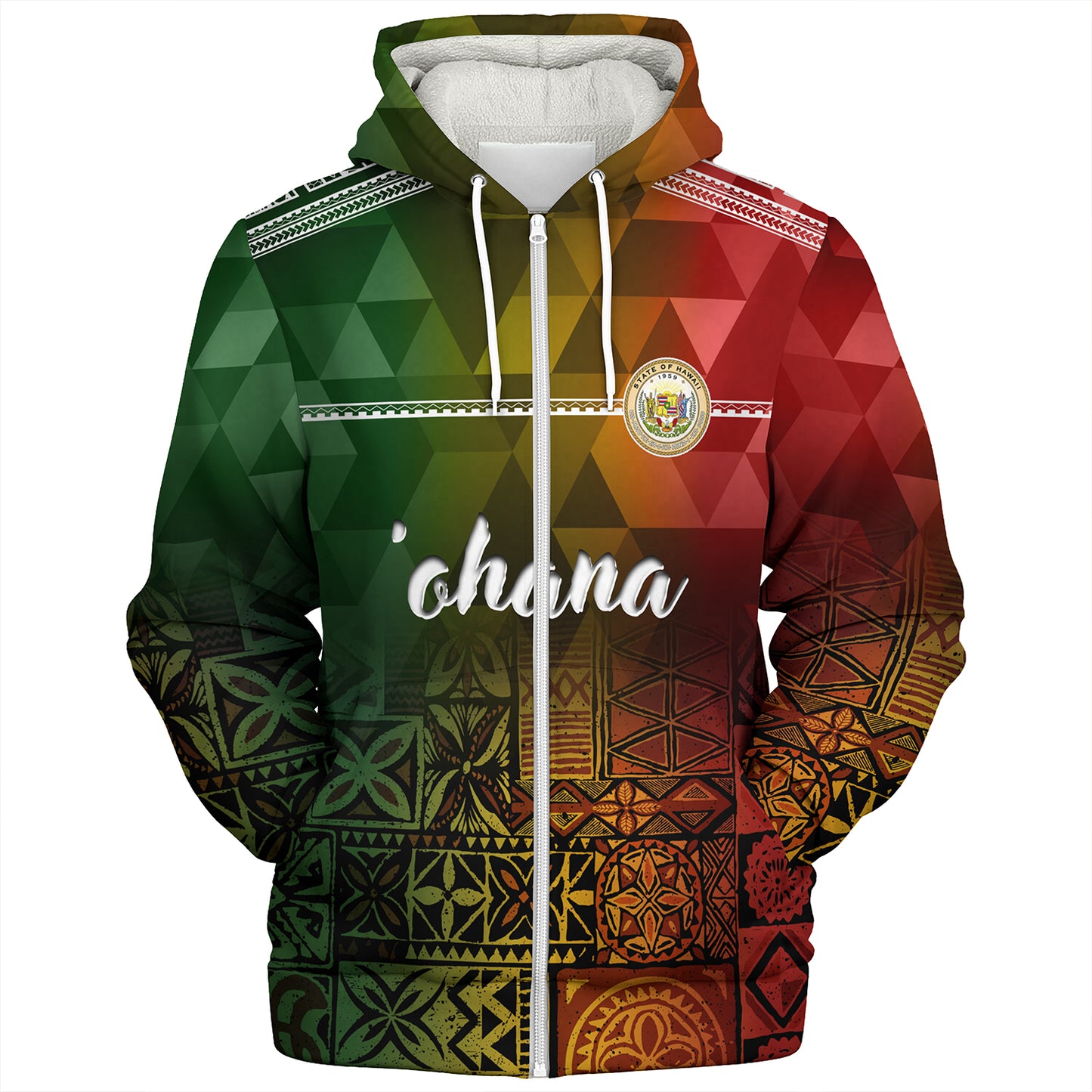 Hawaii Sherpa Hoodie Lowpolly Pattern with Polynesian Motif