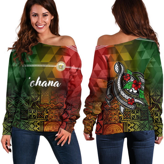 Hawaii Off Shoulder Sweatshirt Lowpolly Pattern with Polynesian Motif