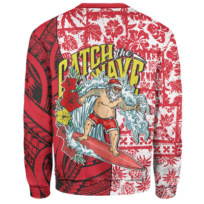 Hawaii Christmas Sweatshirt Surfing Santa Polynesian Pattern Vintage Style