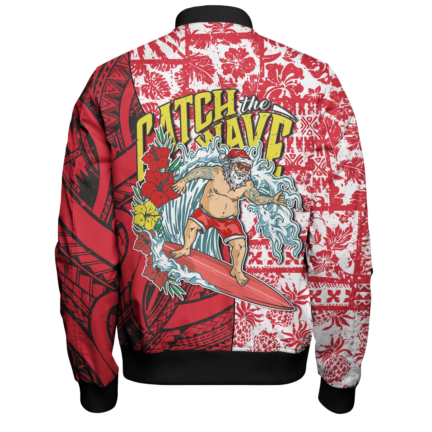 Hawaii Christmas Bomber Jacket Surfing Santa Polynesian Pattern Vintage Style