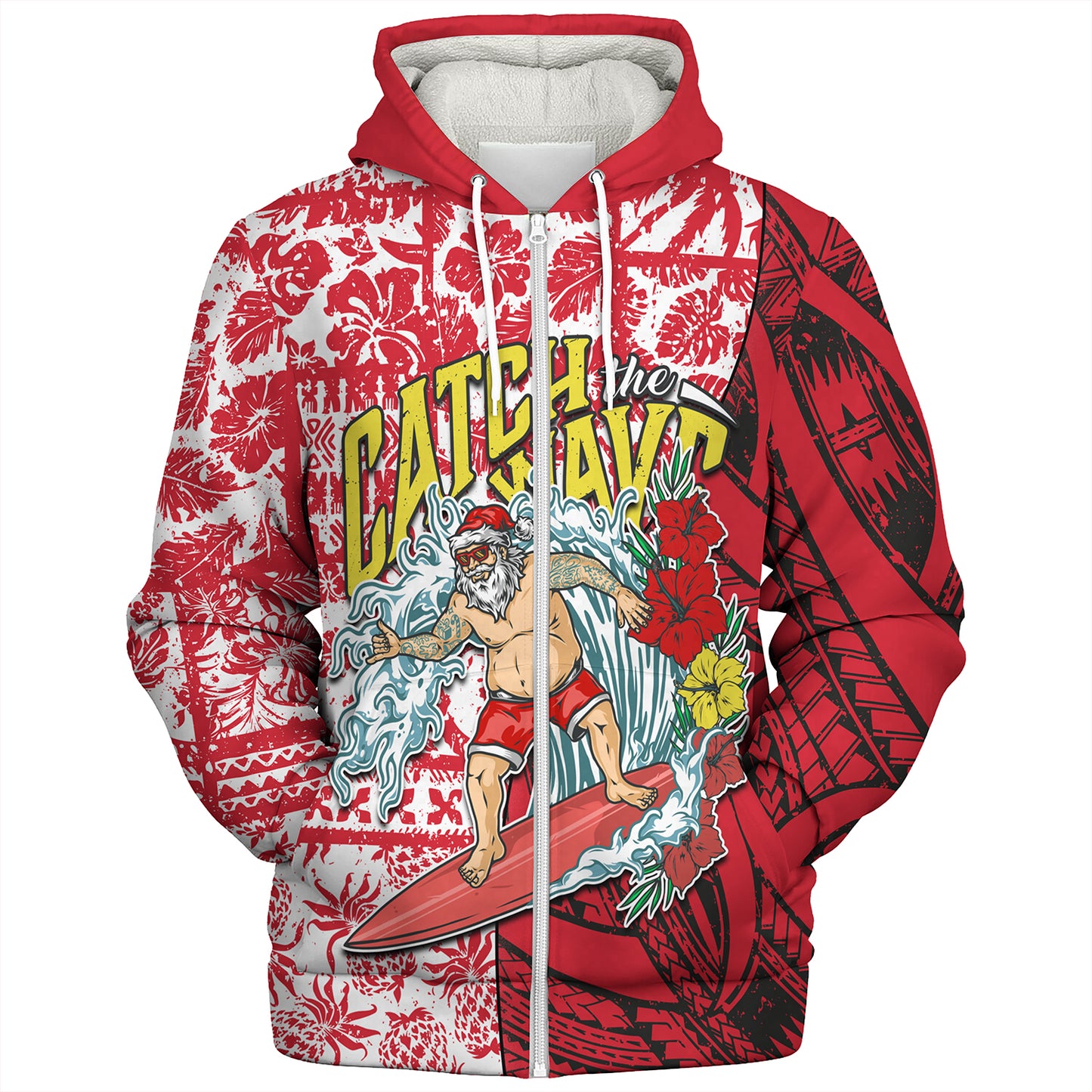 Hawaii Christmas Sherpa Hoodie Surfing Santa Polynesian Pattern Vintage Style