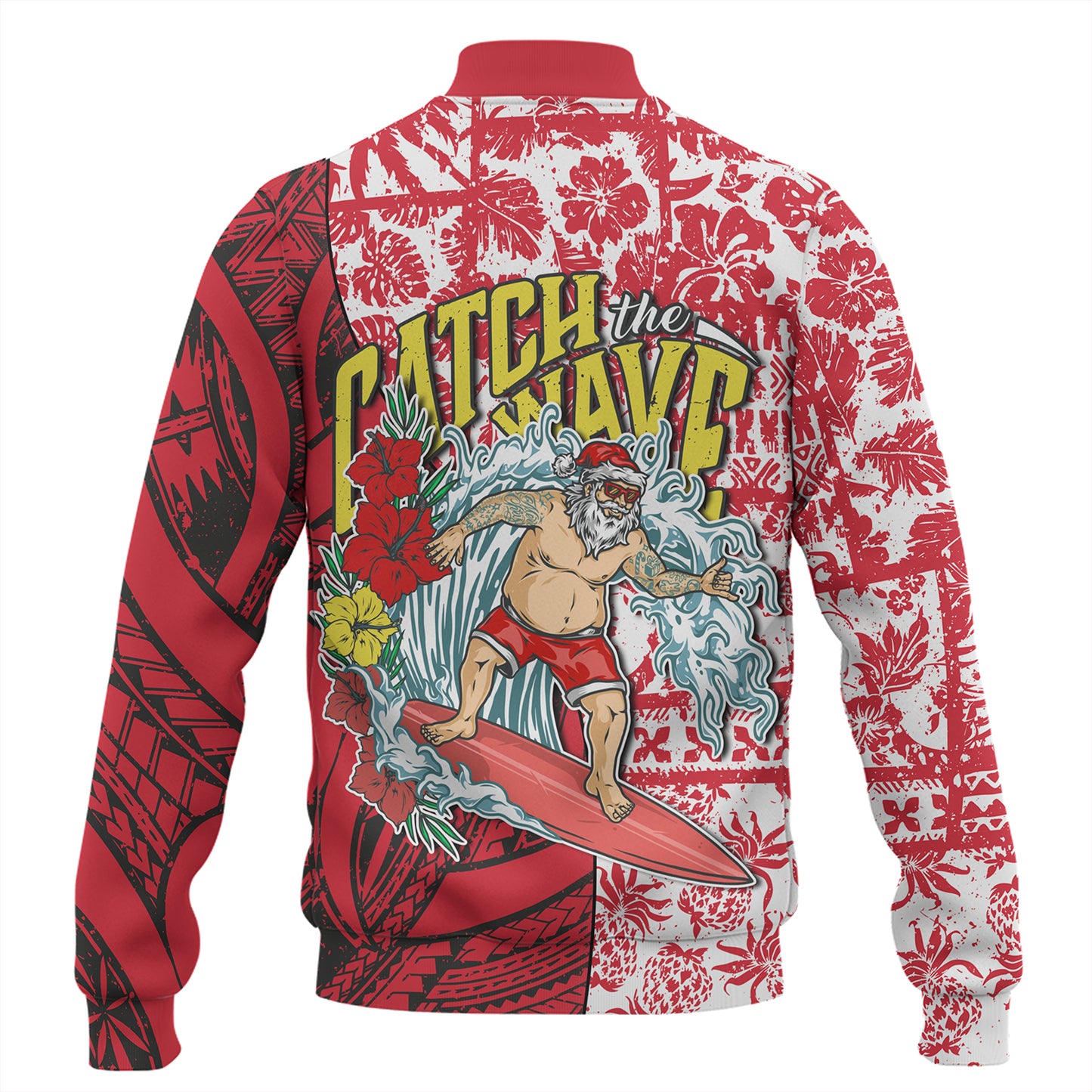 Hawaii Christmas Baseball Jacket Surfing Santa Polynesian Pattern Vintage Style