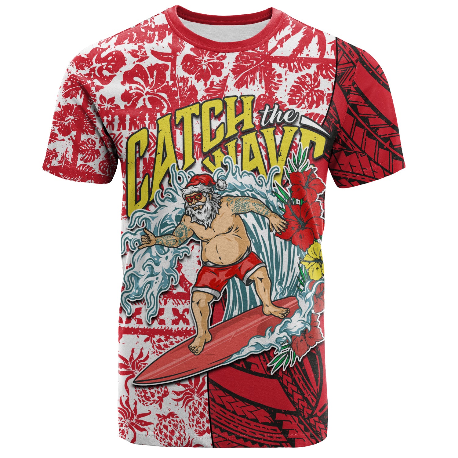 Hawaii Christmas T-Shirt Surfing Santa Polynesian Pattern Vintage Style