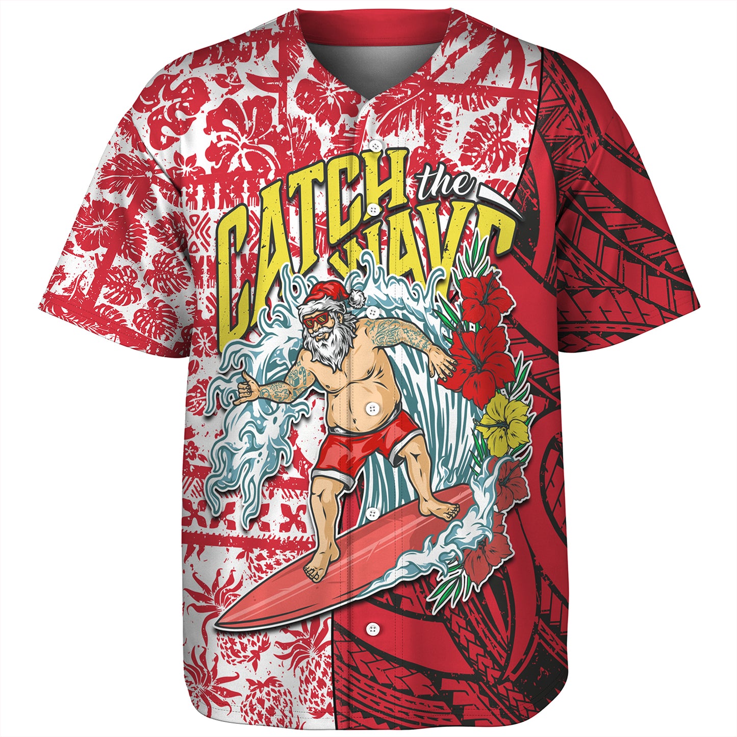Hawaii Christmas Baseball Shirt Surfing Santa Polynesian Pattern Vintage Style
