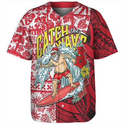 Hawaii Christmas Baseball Shirt Surfing Santa Polynesian Pattern Vintage Style