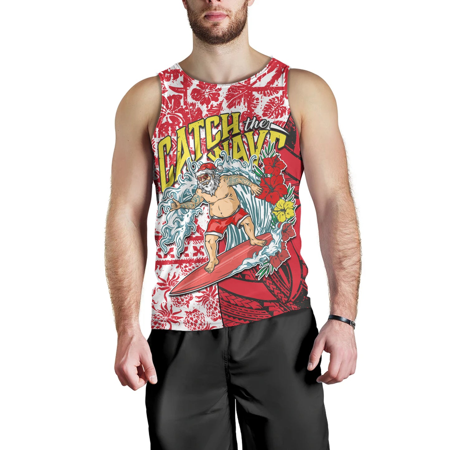 Hawaii Christmas Tank Top Surfing Santa Polynesian Pattern Vintage Style