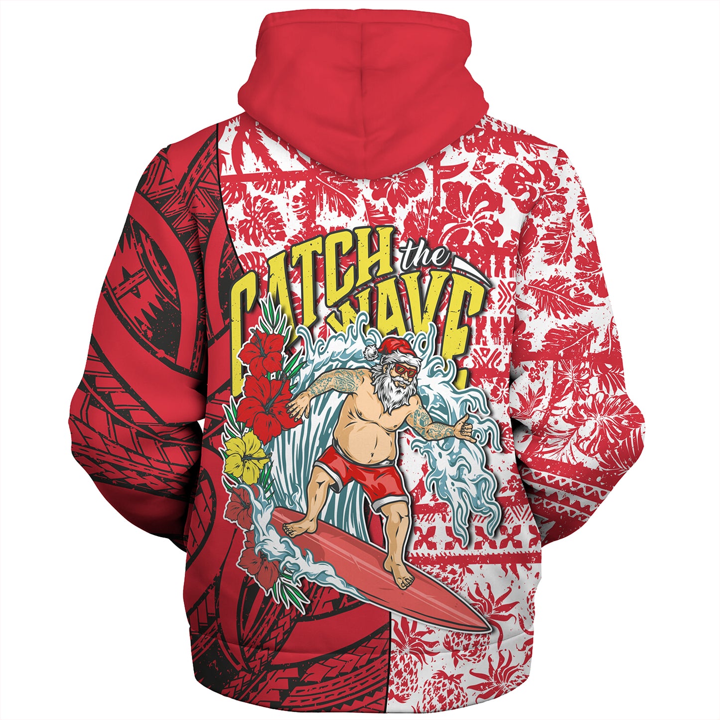 Hawaii Christmas Sherpa Hoodie Surfing Santa Polynesian Pattern Vintage Style