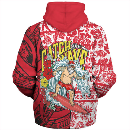 Hawaii Christmas Sherpa Hoodie Surfing Santa Polynesian Pattern Vintage Style
