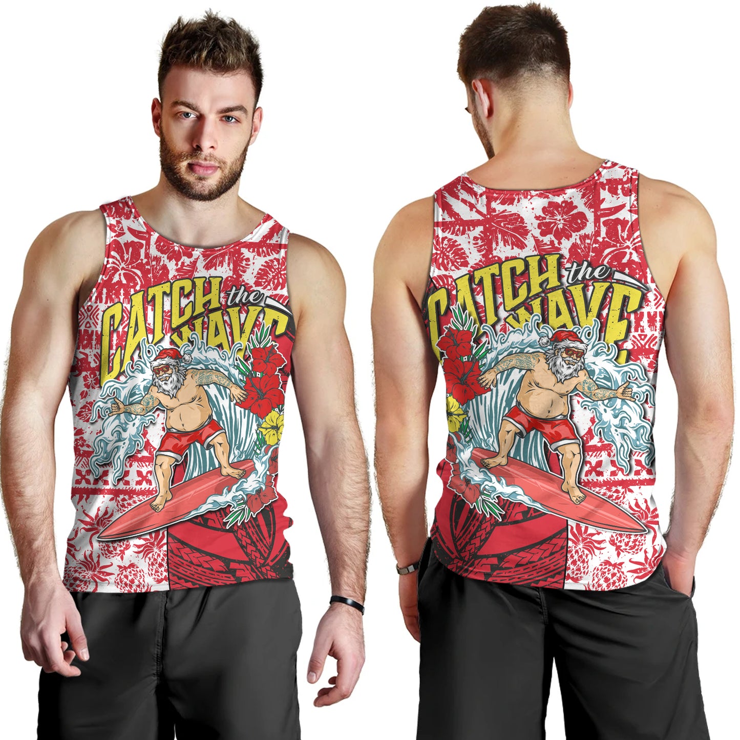 Hawaii Christmas Tank Top Surfing Santa Polynesian Pattern Vintage Style
