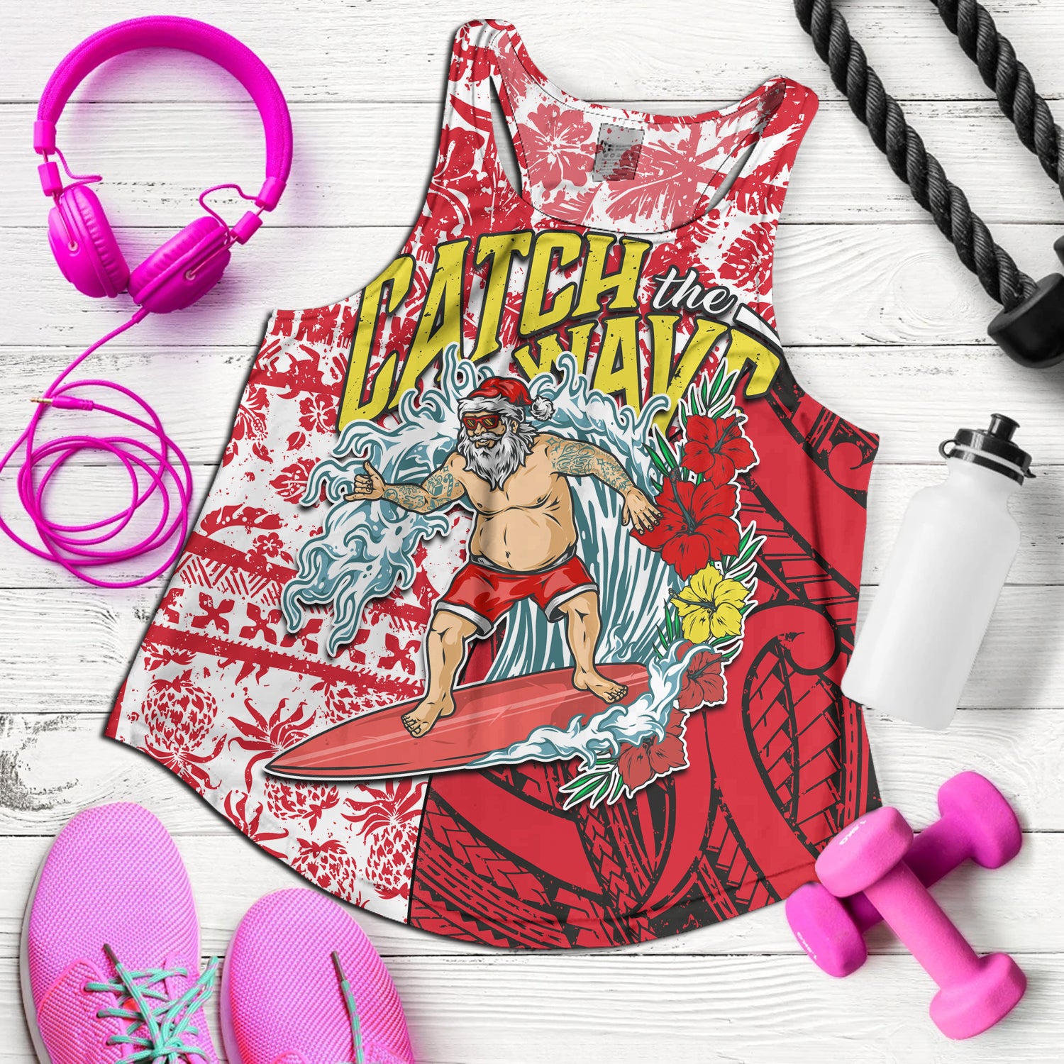 Hawaii Christmas Women Tank Surfing Santa Polynesian Pattern Vintage Style