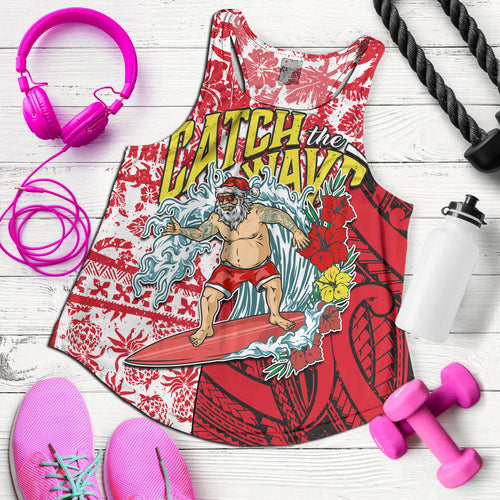 Hawaii Christmas Women Tank Surfing Santa Polynesian Pattern Vintage Style