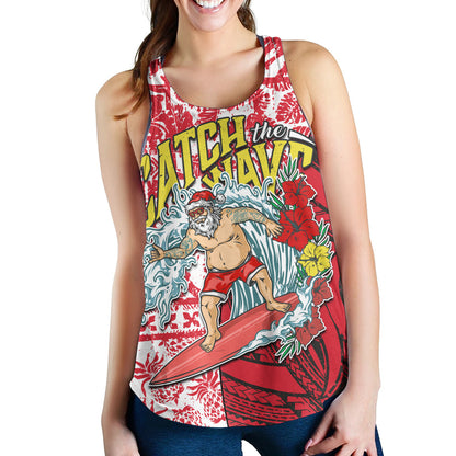 Hawaii Christmas Women Tank Surfing Santa Polynesian Pattern Vintage Style