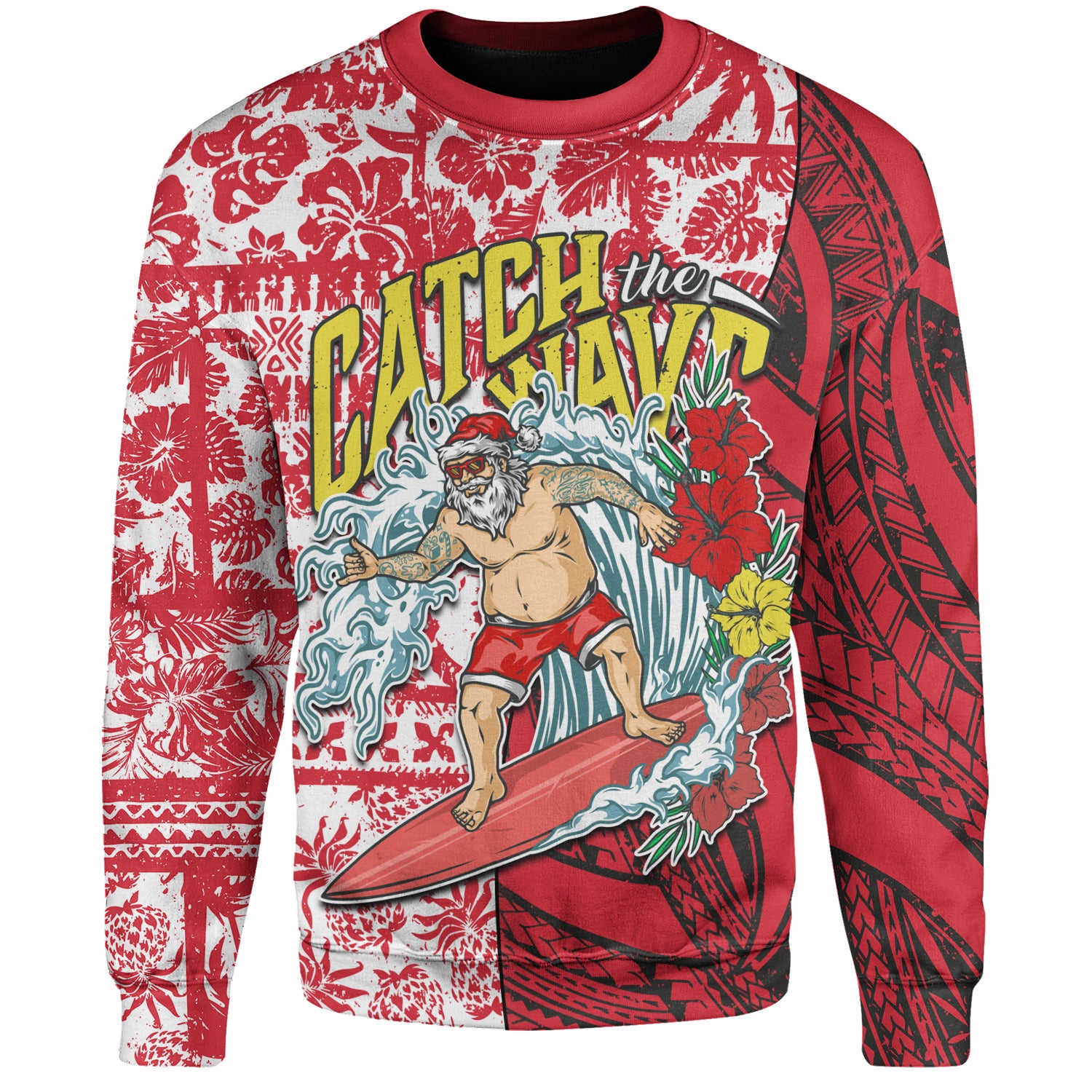 Hawaii Christmas Sweatshirt Surfing Santa Polynesian Pattern Vintage Style