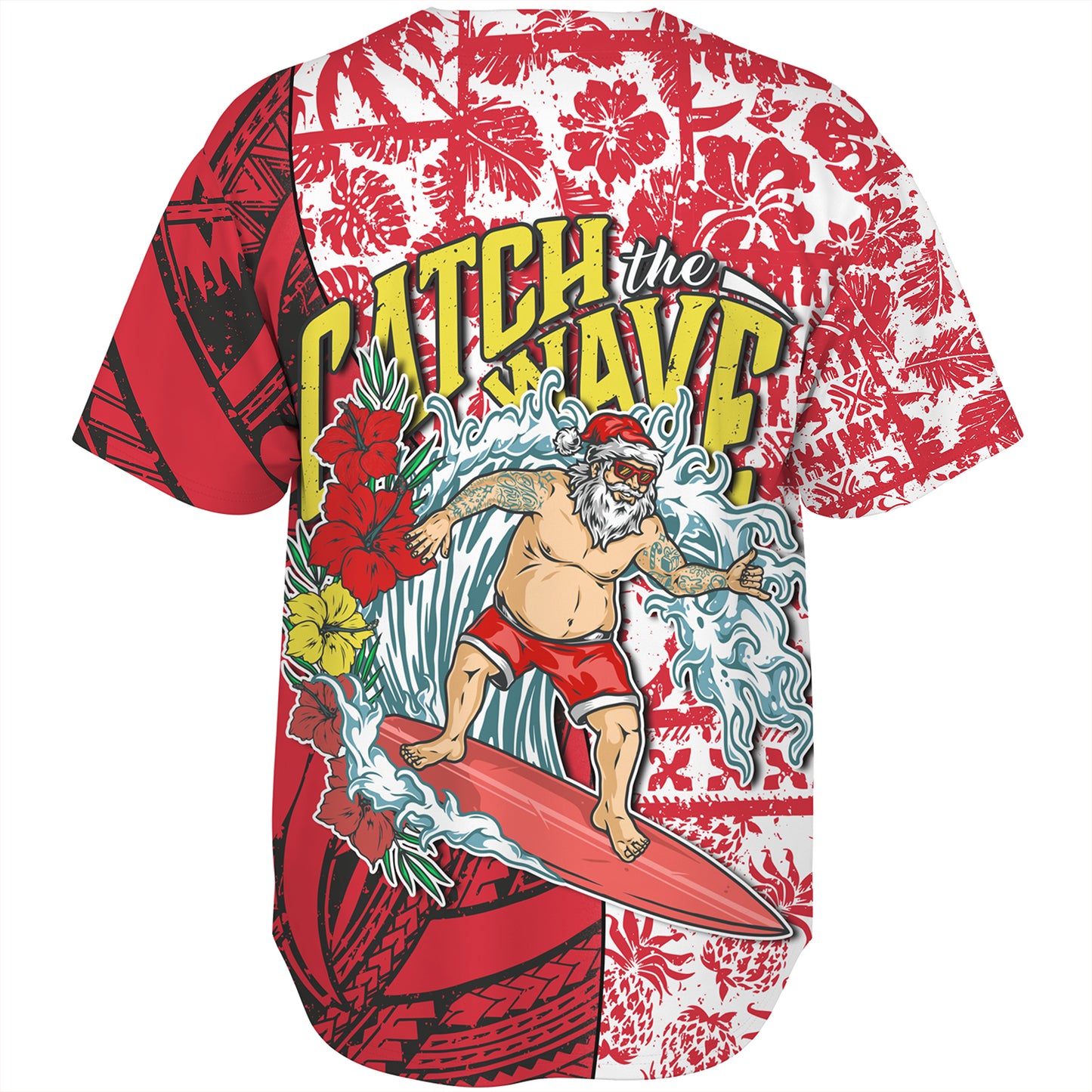 Hawaii Christmas Baseball Shirt Surfing Santa Polynesian Pattern Vintage Style