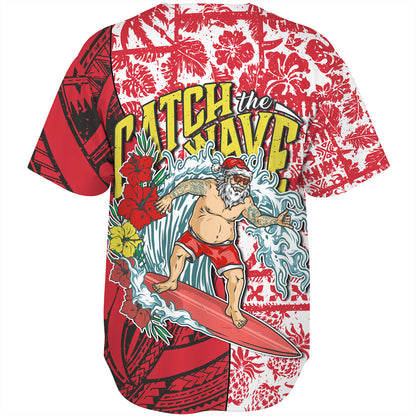 Hawaii Christmas Baseball Shirt Surfing Santa Polynesian Pattern Vintage Style
