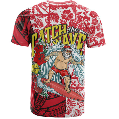 Hawaii Christmas T-Shirt Surfing Santa Polynesian Pattern Vintage Style