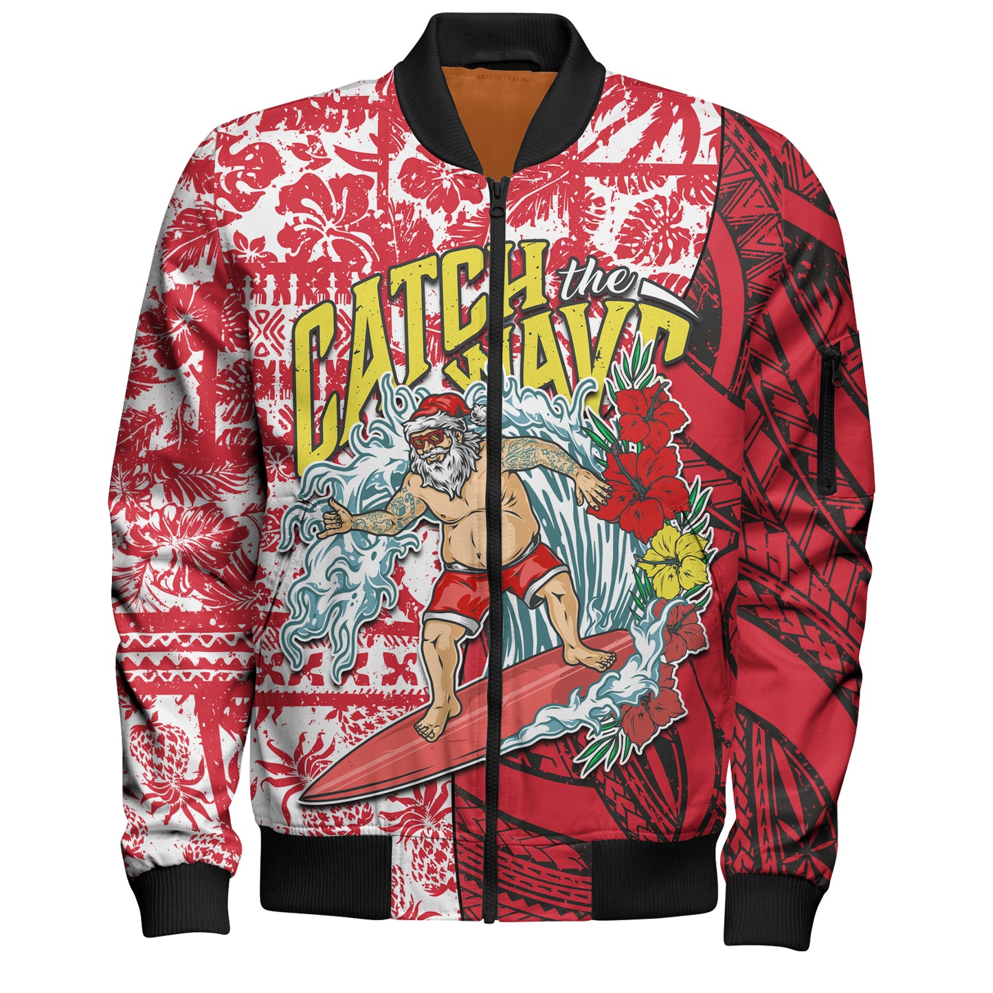Hawaii Christmas Bomber Jacket Surfing Santa Polynesian Pattern Vintage Style